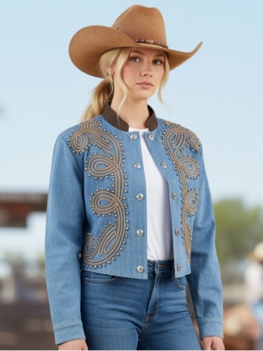 Panhandle Slim Vintage Cropped Western Cord Embroidered Studded Jacket